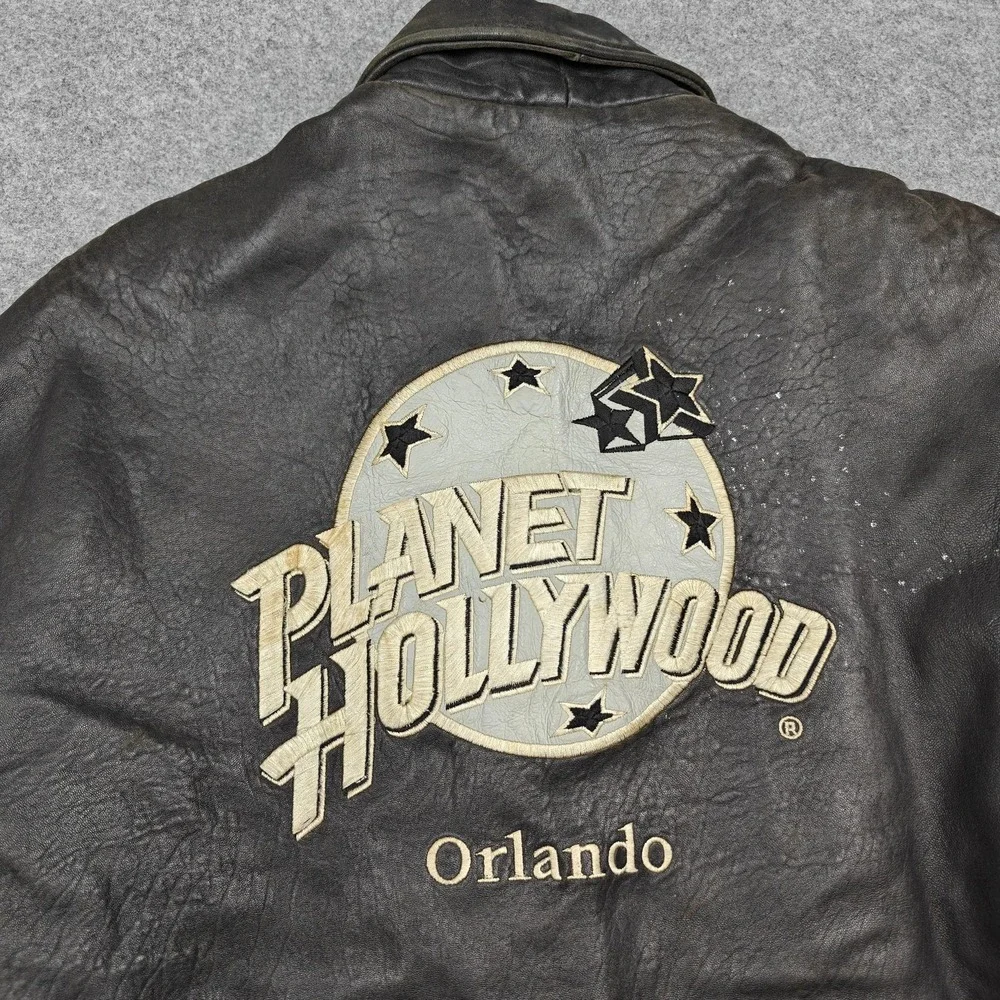Vintage Planet Hollywood Jacket Mens‎ Medium Black Leather Orlando Back Logo